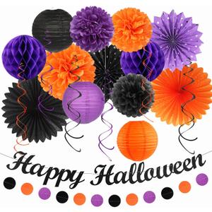 Black-Purple Orange Happy-Halloween Party-Decorations - 21pcs Birthday Banner,Paper Lanterns Honeycomb,Tissue Pom Poms Flower Fan,Kids Classroom Hanging Streamers Garland Decor Supplies Huglony