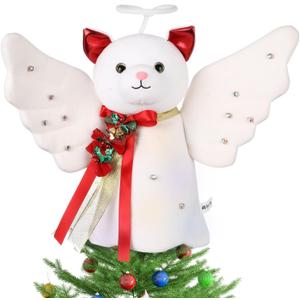 Christmas Tree Topper Decoration Lighted Animal Angel Tree Topper with Glitter Wings LED Lighted Ornament for Christmas Holiday Mantel Table Decor Home Decorations Supplies(Cat)