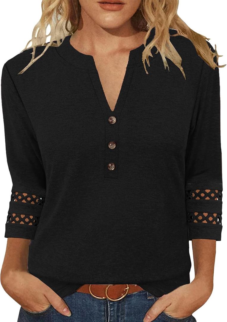 JomeDesign Womens Tops V Neck 3/4 Length Sleeve Shirts Dressy Casual Tunic Blouses Summer Tees (Black, L)