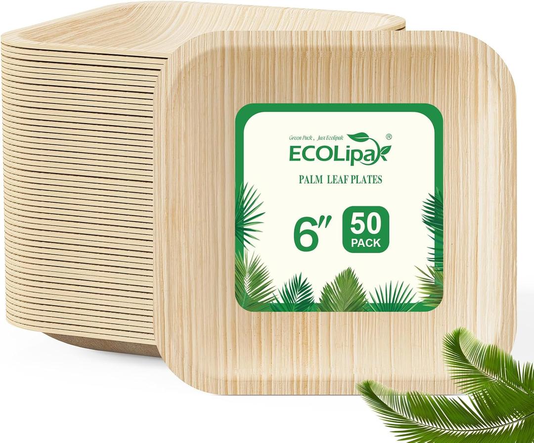 ECOLipak 6 Inch Compostable Palm Leaf Plate Like Bamboo Plate, 50 Pack Disposable Biodegradable Plates Suitable for Party, Dinner