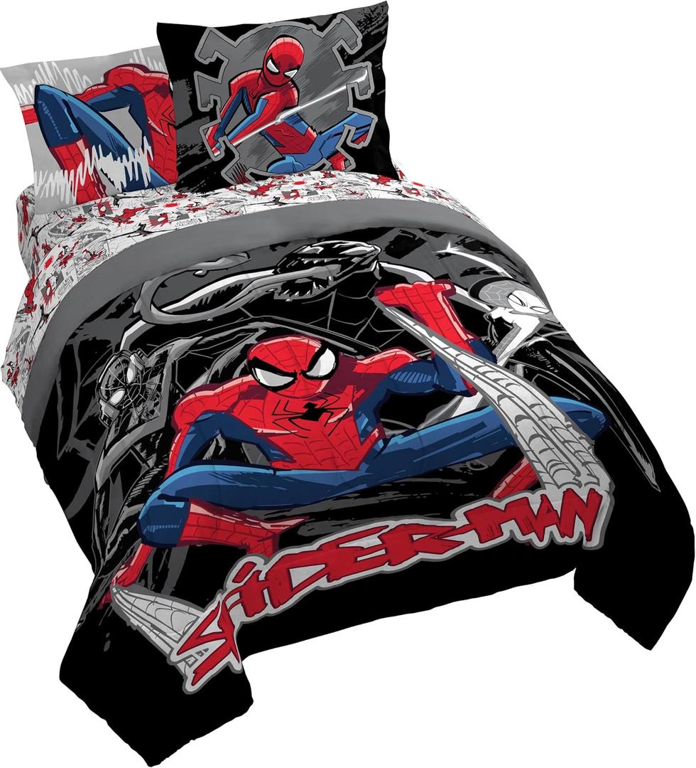 Jay Franco Kids Comforter Set Includes Sheets and Pillow Covers - Soft and Cozy Bed Set for Stylish Room Decor, Black - Spiderman, 7 Piece Queen Bedding
