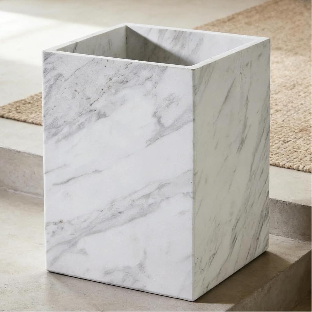 White Marble Wastebasket, Natural Rectangular Trash Can, Luxury Durable Real Stone Storage Basket, Elegant Garbage Container for Bathroom, Home Office, Living Room