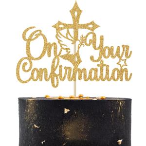 2 x On Your Confirmation Cake Topper, First Communion/Baptism/Christen Day/Baby Shower/Wedding Day Decorations Supplies Gold Glitter