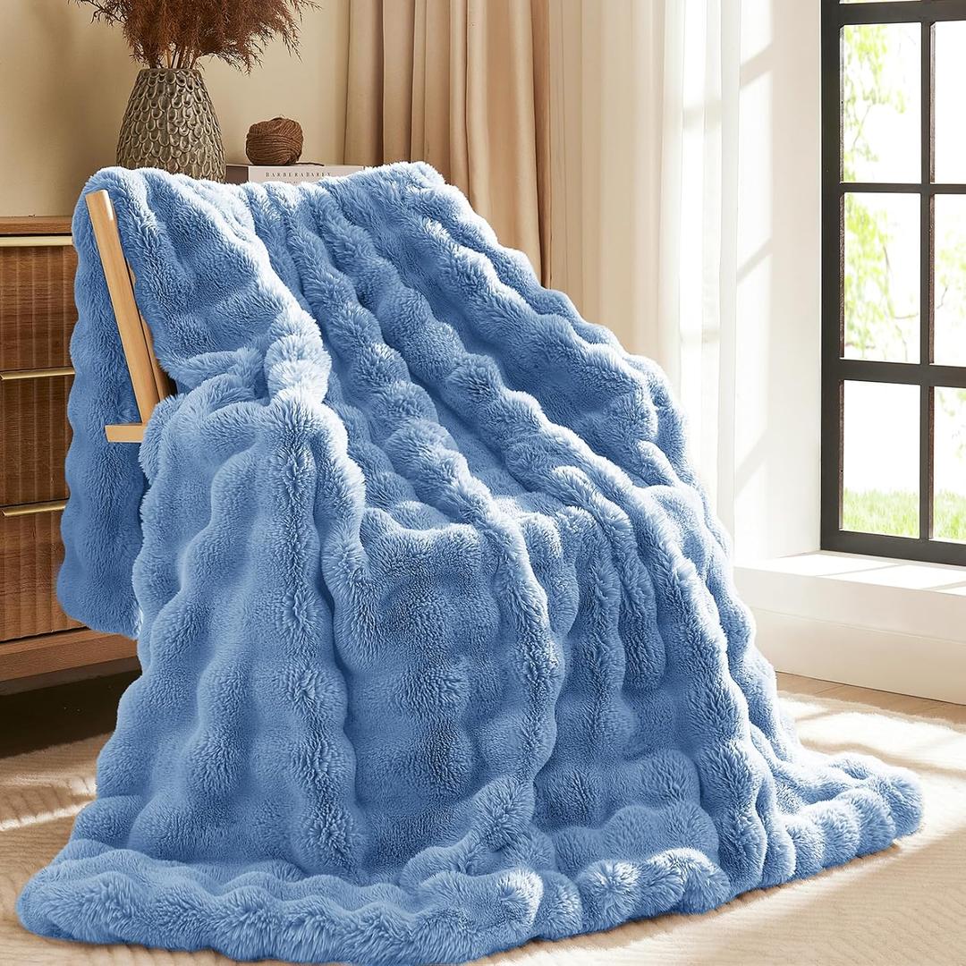 L'AGRATY Faux Fur Throw Blanket: 50" x 60" Luxury Soft Fluffy Rabbit Fur Blankets Twin for Couch Bed Sofa - Cozy Plush Bubble Blankets for Winter: Flannel Fleece Decorative Blanket(Airy Blue)
