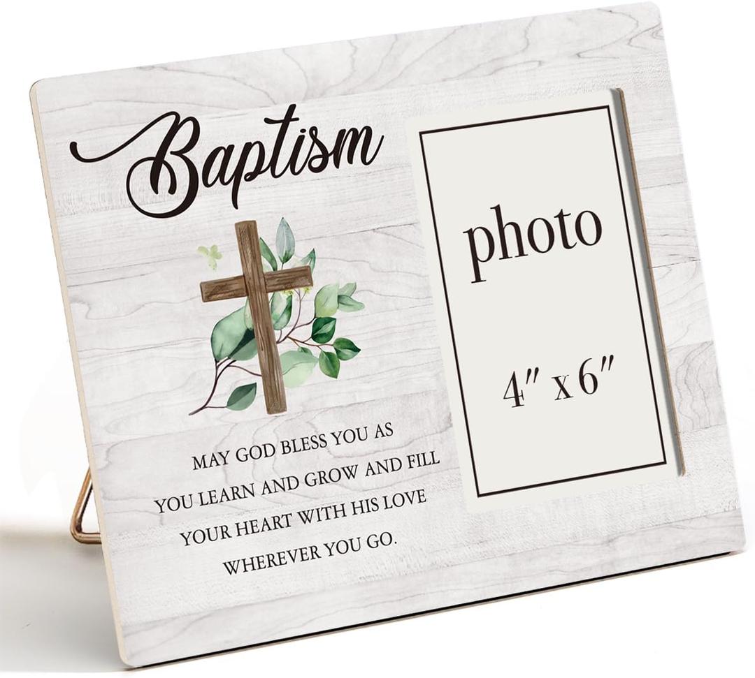 Baptism Picture Frame, Baptism Gifts for Boys, Christening Gifts for Girls, Catholic Baby Gift Wood Photo Frame, 4 x 6 Inch Photo