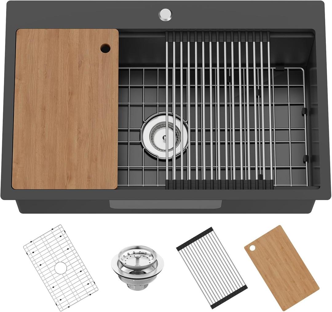 Black 31x20In Kitchen Sink Workstation-Stainless Steel Drop In Single Bowl Built-in Ledge Topmount Workstation Sink For Placing/Sliding Accessory-Cutting Board,Drying Rack,Convenient And Functional