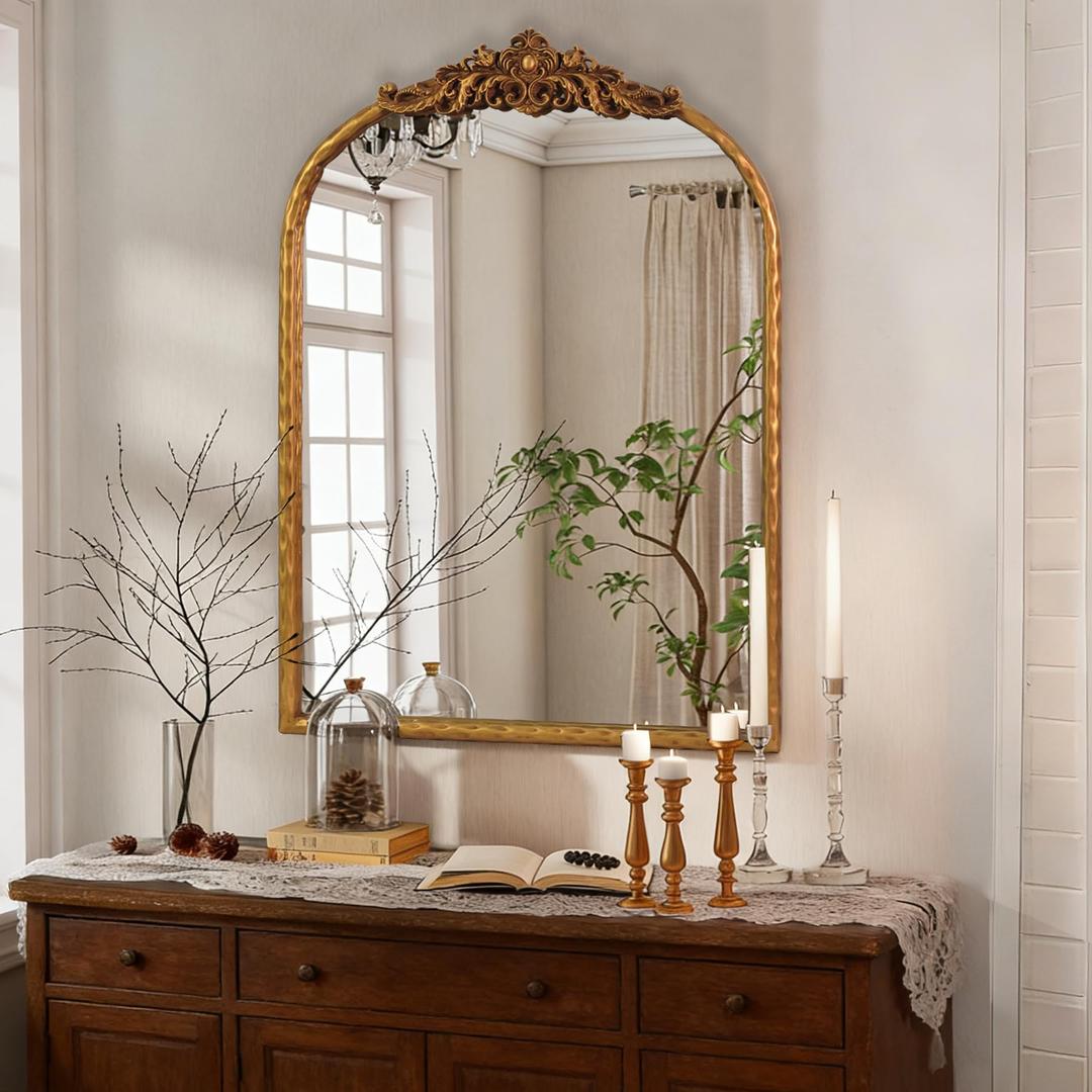 LOVNAHO Vintage Arched Gold Mirror 19x27, Baroque Traditional Ornate Gold Antique Wall Mirror for Bathroom, Entryway, Fireplace, Hallway, Large Arched Wall Mirror for Home Decor (Bronze, 19x27)