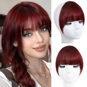 Burgundy Clip in Bangs 100% Real Human Hair Extensions Faux Fringe Curtain Air Clips on Wispy Bang with Temples Fake Natural Fluffy Light-weight Hairpieces for Women Girls Party Daily Use