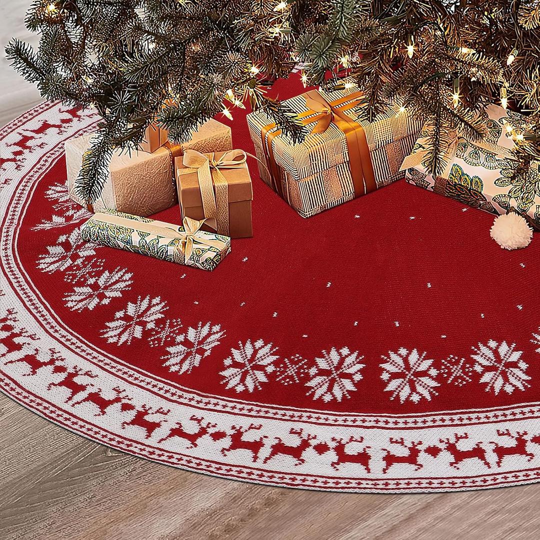 Dremisland Christmas Tree Skirt Rustic Christmas Tree Mat with Snowflake Reindeer Red Knitted Xmas Tree Skirts Thick Knitted Xmas Holiday Decoration New Year Home Party Decorations (Red, 36inch/90cm)