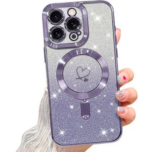 NITITOP Compatible with iPhone 16 Pro Case Cute Clear Glitter [Compatible for MagSafe] Plating Heart Sparkle Bling Magnetic Girl Women Electroplated Frame Camera Protection Back Cover - Purple