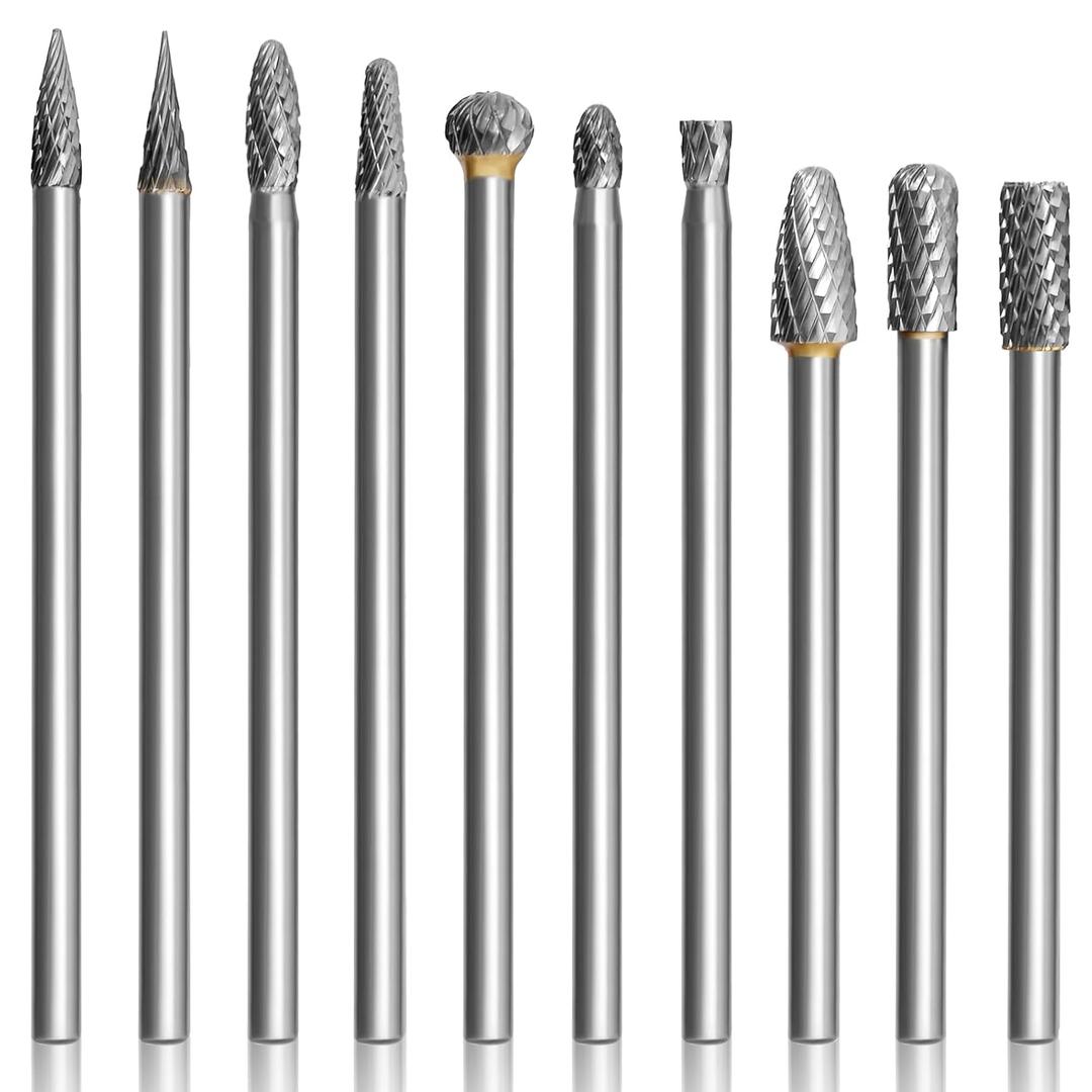 10Pcs Long Carbide Burr Set 1/4" Shank Die Grinder Bits, HOMEIDOL 4"(100mm) Long Rotary Files Tungsten Carbide Rotary Burr Set, Carbide Drill Bits for Metal Stone Wood Carving Engraving Deburring
