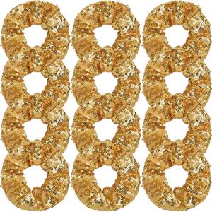12 Pcs Gold Sequin Scrunchies Bridesmaid Scrunchies Elastics Ponytail Holders Hair Wrist Ties Bands Cloth Scrunchies for Show Gym Dance Party Club Girl Women