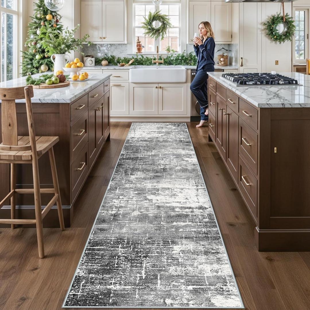 Washable 12ft Kitchen Area Rug: Abstract Entryway Rug Runner Soft Bedroom Besides Floor Mat Non-Slip Indoor Carpet for Bathroom Living Room Stain Resistant Runner for Family(2'6x12,Black/Grey)