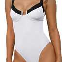 BERLOOK One Piece Swimsuit Women Tummy Control Ribbed Retro Bathing Suits Contrast Trim Knotted Sexy Slimming Swimwear, White Medium