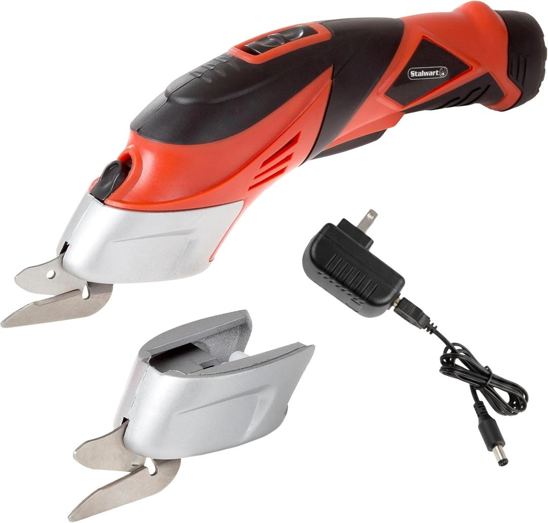 Cordless Electric Scissors with Two Blades - Fabric, Leather, Carpet, Cardboard and Box Cutter - 3.6V Lithium-Ion Rechargeable Battery by Stalwart (Red)