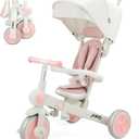 JMMD Baby Tricycle, 7-in-1 Foldable Kids Trike with Adjustable Parent Handle, Safety Harness & Wheel Brakes, Removable Canopy, Stroll Trike for Boys & Girls Ages 18 Months-5 Years, Pink