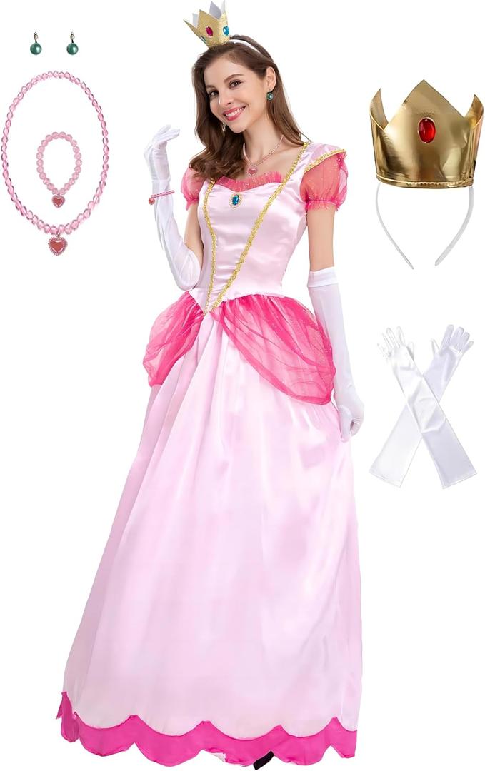 Princess Peach Costume Adult Super Borthers Costume Women With Accessories Pink Medium