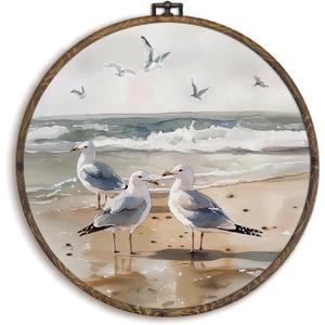 KFXHANGD Seagulls Beach Round Wall Art Framed, Coastal Seagulls Canvas Wall Art Decor,Vintage Beach Sea Ocean Seagull Hanging Decor for Kitchen Bathroom Living Room Beach House, 10x10inch (bird)