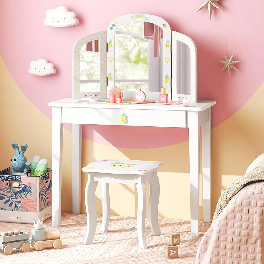 Costzon Kids Vanity Table, Princess Makeup Dressing Table with Drawer & Tri-Folding Mirror, 2-in-1 Vanity Set with Detachable Top, Pretend Beauty Play Vanity Set for Girls (Fruit Pattern)