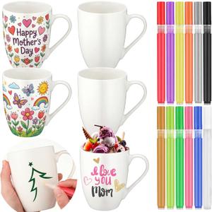 Mifoci 4 Sets Make Your Own Mug Mother's Day Gifts Painted Ceramic Mugs to Paint Kit You Can Decorate Coffee Cup Decorating Kit DIY Ceramic Cup for DIY Create a Keepsake Gift Craft (Fashion)