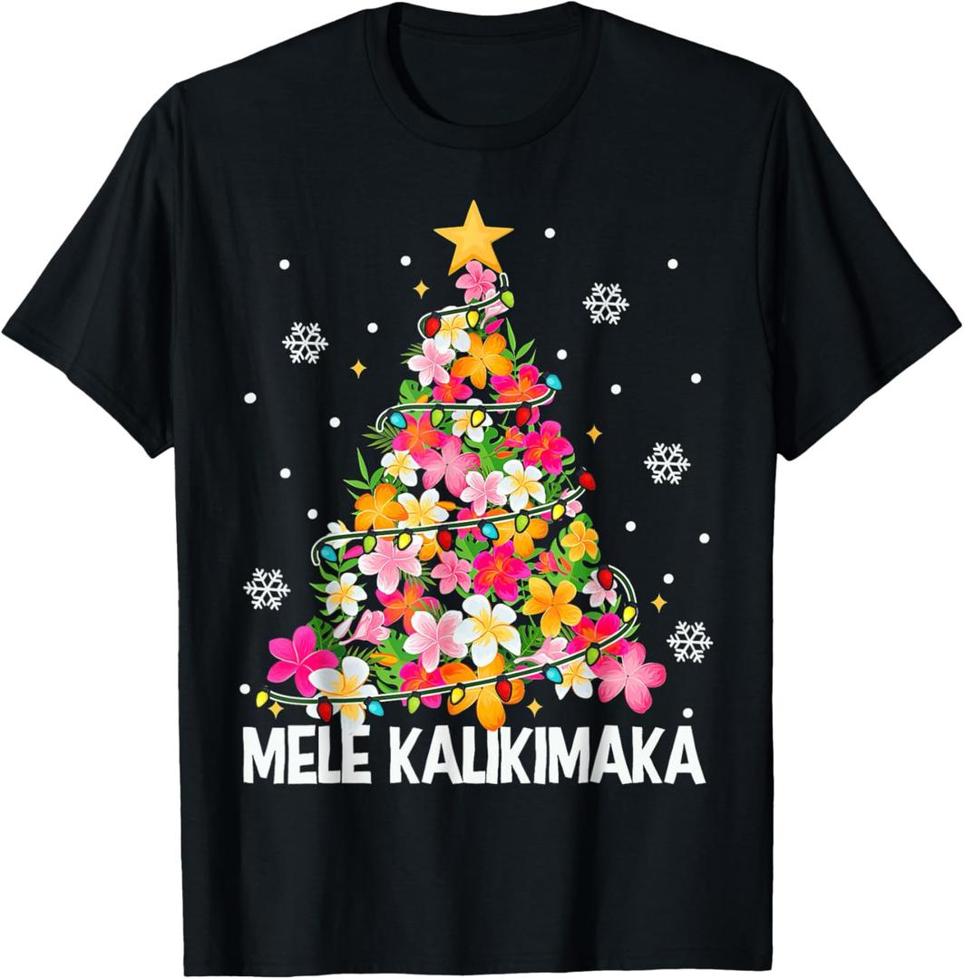 Hawaiian Floral Christmas Tree Mele Kalikimaka Tropical Xmas T-Shirt M