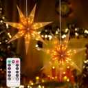 2 Pack 26.8 Inch Paper Star Lantern Christmas Decor with Timer, 3D 8 Modes 7-Pointed Star Diwali Hanging Lights, Christmas Decorations Lamp Indoor for Birthday Wedding Party (Champagne)