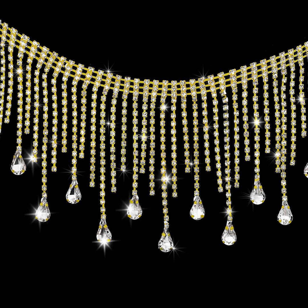 Coucoland Crystal Rhinestone Trim Ribbon - 1 Yard Tassel Chain Sewing Craft for Wedding Bridal Party Clothing Embellishment DIY Necklace (Drop-Gold-2)