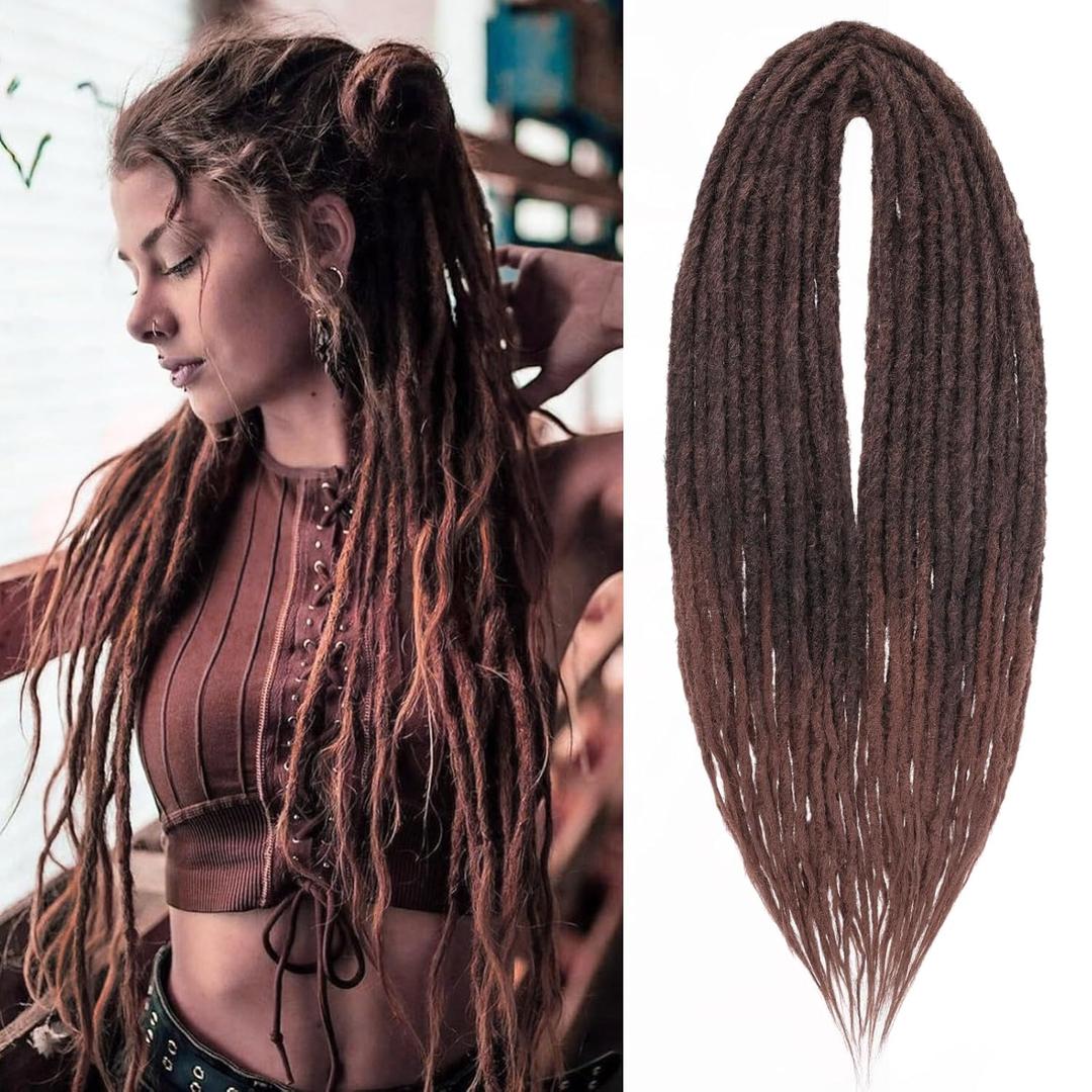 Leeven 30 Strands Double Ended Synthetic Dreadlock Extensions 24 Inch Thin Ombre Brown Full Set DE Hippie Wool Dreads Braid in Soft Viking Dreads for Women Men
