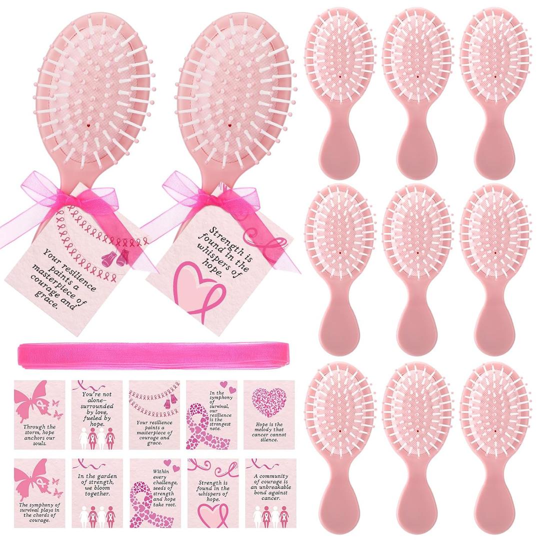 Meanplan 12 Sets Breast Cancer Awareness Gift for Women Pink Ribbon Mini Hair Brush with Card Motivational Breast Cancer Awareness Accessories Item for Survivor Charity Event Support Party Supplies