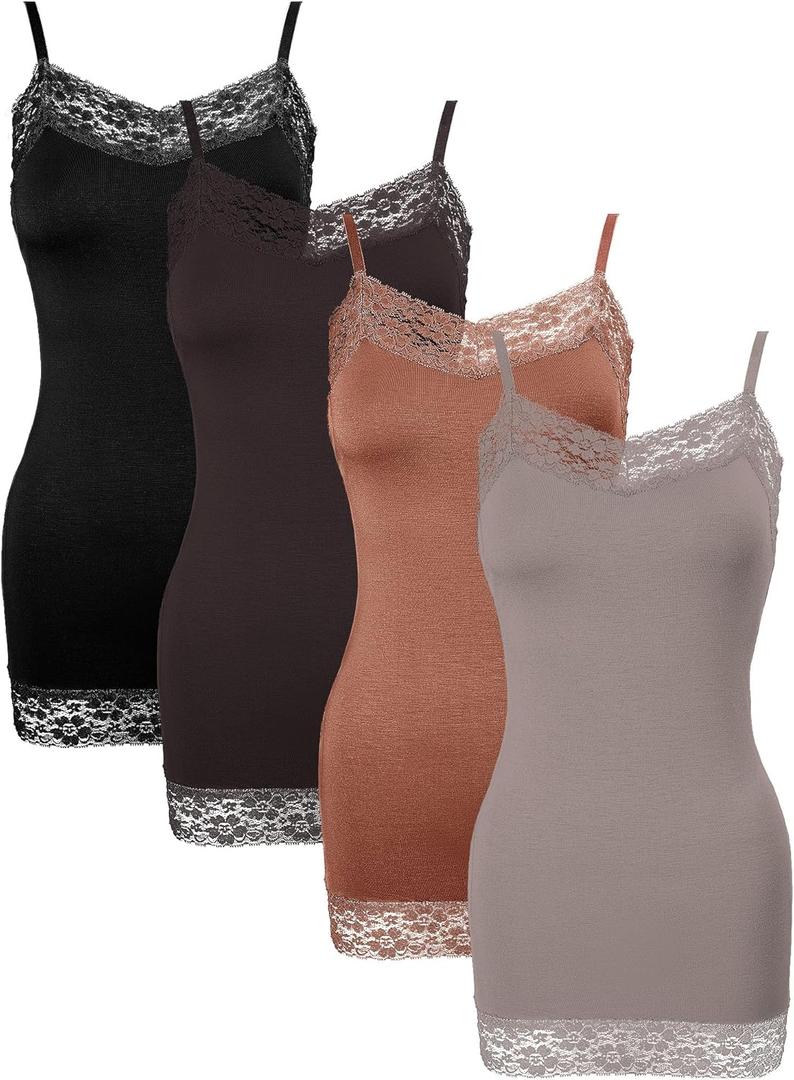 Bencailor 4 Pack Women's Long Tank Tops, Lace Camisole Neck Cami Adjustable Spaghetti Strap Undershirts for Women (Medium, Black, Brown, Caramel, Coffee)