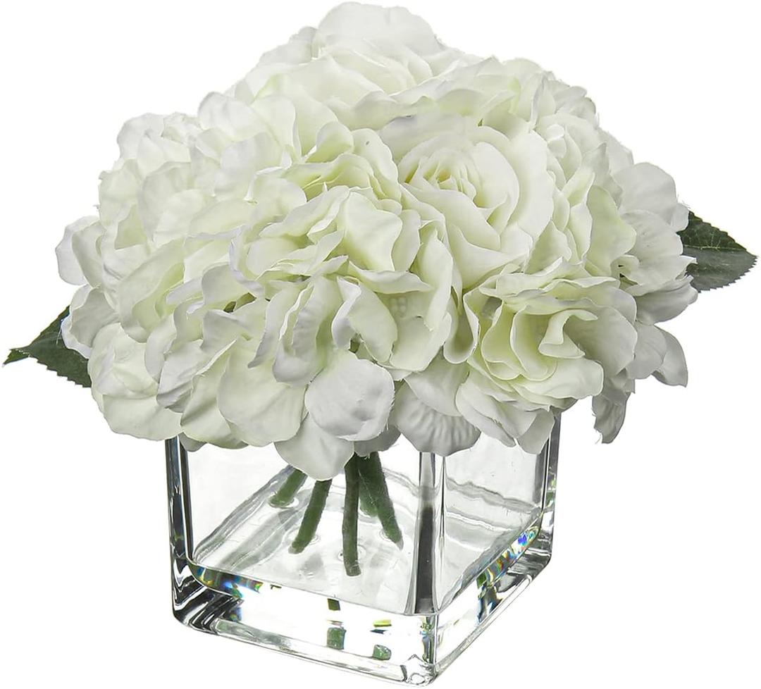 White Fake Flowers with Vase Hydrangea Artificial Flowers in Vase Peony Faux Flowers in Vase Rose Silk Flowers Peonies Floral Arrangements Artificial with Vase for Home Office Table Shelf Decor