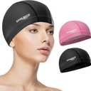 COOLMATE Fabric Swim Cap for Women, Men & Kids  Silicone Water Resistant Layer, Lightweight Cloth Cap for Pool & Lap Swimming  Non-Slip Comfortable Fit, Gift for Swimmers (1 Pack) (Medium, Black & Dark Pink (Pack 2))