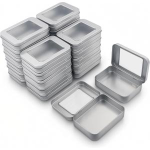 24 Pack Empty Rectangular Metal Storage Organizer Tins with Clear Window Hinged Lids for Small Items and Other Craft Projects (Silver, 3.9 x 2.8 x 0.8 inch)