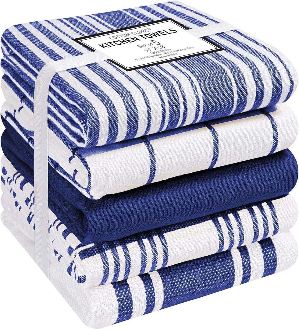 Cotton Clinic Assorted Kitchen Towels 5 Pack  Soft Absorbent Quick Drying Table & Kitchen Linen - Dish Towels, Dish Cloths, Tea Towel and Cleaning Towel with Hanging Loop  16x28 / Navy White
