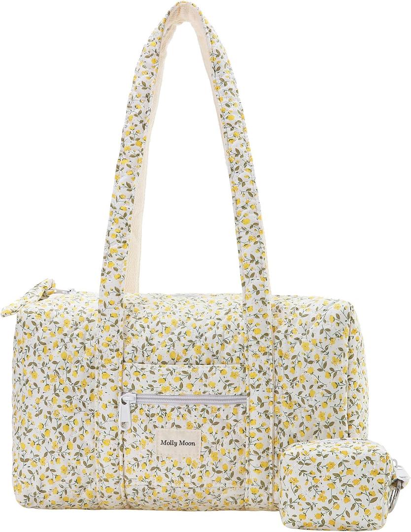 Molly Moon Top Zipper Floral Quilted Duffle Bag for Women, Yellow Quilted Small Floral Tote Bags with Coin Purse, Cute Cotton Shoulder Bag for Travel, Work, School