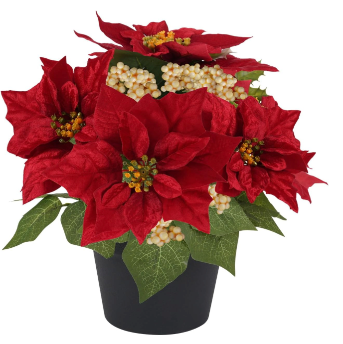Fake Poinsettia Plants with White Berry 14 Inch Red Poinsettias Artificial Christmas Flowers in Pot for Home Porch Garden Office Indoor Outdoor Christmas Decorations