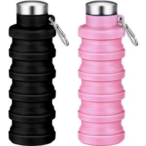 Collapsible Water Bottles,16oz Capacity Portable Reusable Silicone Water Bottle,Leak-proof,with buckle,foldable storage,Lightweight Durable for Fitness,Cycling,Sports,Camping,Hiking (Black+Pink)
