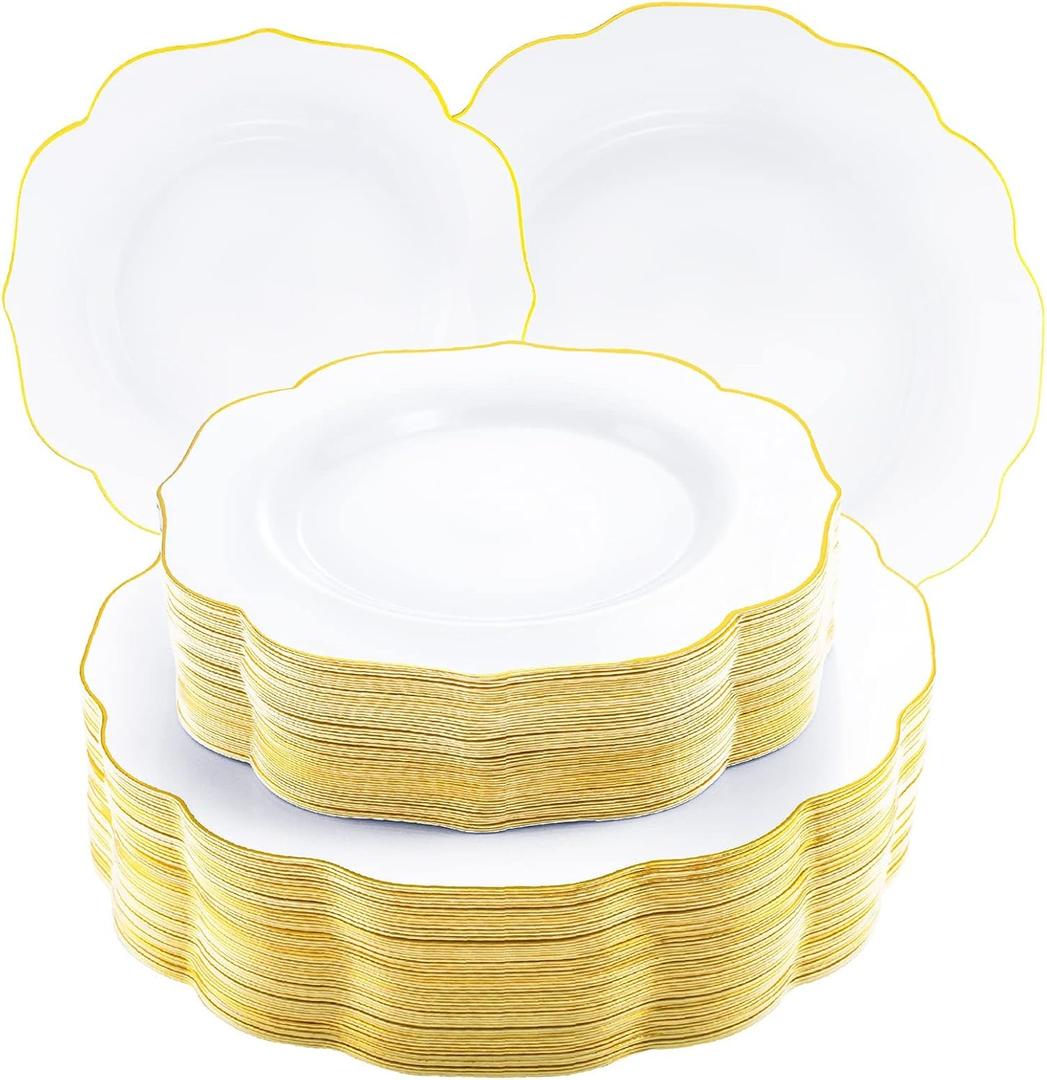 NOCCUR 120PCS White and Gold Plastic Plates - 10.25inch and 7.5inch Gold Disposable Plates Set Heavy Duty for Party/Wedding/Valentine's Day