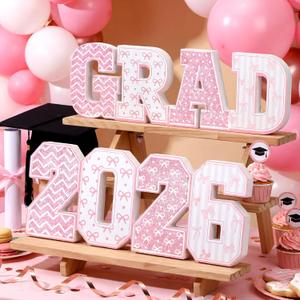 Kathfly 2 Pack 2026 Grad Signs Glitter Graduation Party Decorations Graduation Table Centerpieces Class of 2026 Wooden Tabletop Congrats Grad Signs Table Toppers for Congrats Decor(Pink Bow)