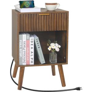 Mid Century Modern Nightstand with Charging Station, Modern Bedside Table with Fluted Drawer and Storage Shelf, End Side Tables Living Room for Bedroom, Office (Rustic Brwon)