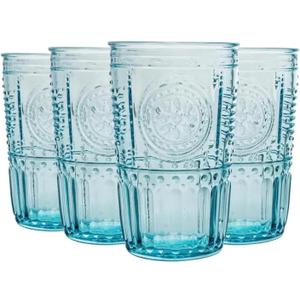 Bormioli Rocco Romantic 16 oz. Cooler Beverage Glasses for Cold Drinks, Juices, and Cocktails, Set of 4, Light Blue