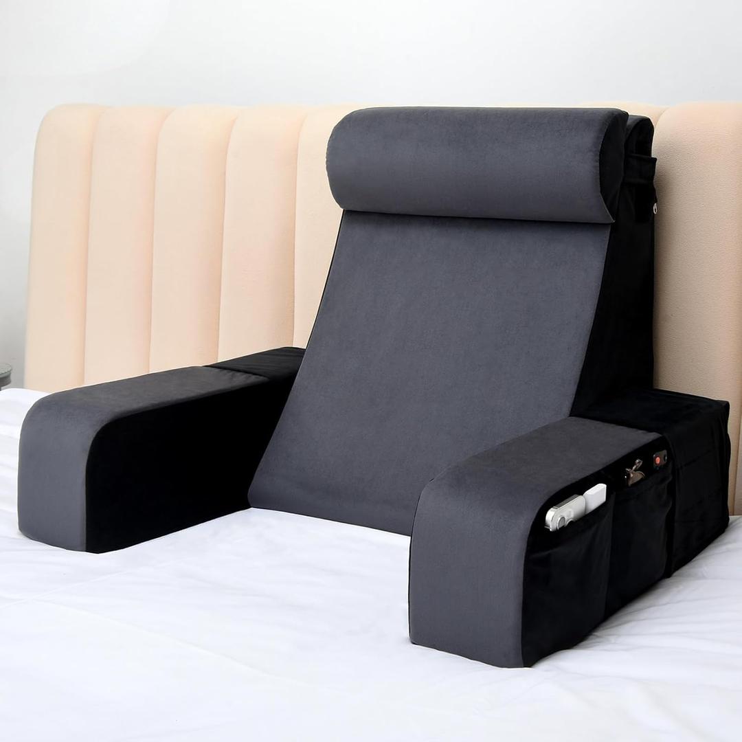 Vekkia 21" Reading Pillow for Bed Sitting Up  60 Ergonomic Wedge Back Support with Adjustable Arms & Headrest, XL Side Pockets, Bed Chair for TV, Gaming, Working, Nursing, Recovery (21" Height(4'11"-5'11"), Gray/Black)