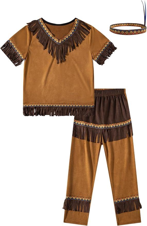 LATOBREATH Boys Kids Halloween Indian Costume Thanksgiving Outfit With Headband, 6T
