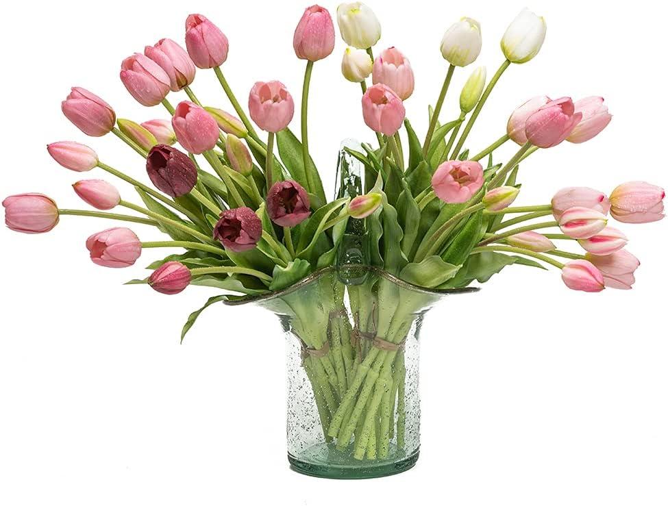 DUYONE 40pcs Artificial Tulips Flowers Fake Latex Bouquet for Wedding Party Office Home Kitchen Decoration(Light Purple Set 40pcs)
