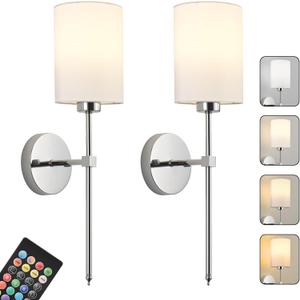 Battery Operated Wall Sconces Set of Two,Wireless Rechargeable Wall Light With Remote Control, Dimmable, Amber Light/Warm White/Natural White/Daylight/RGB,Timer,for Living Room,Bedroom,Entryway,Chrome