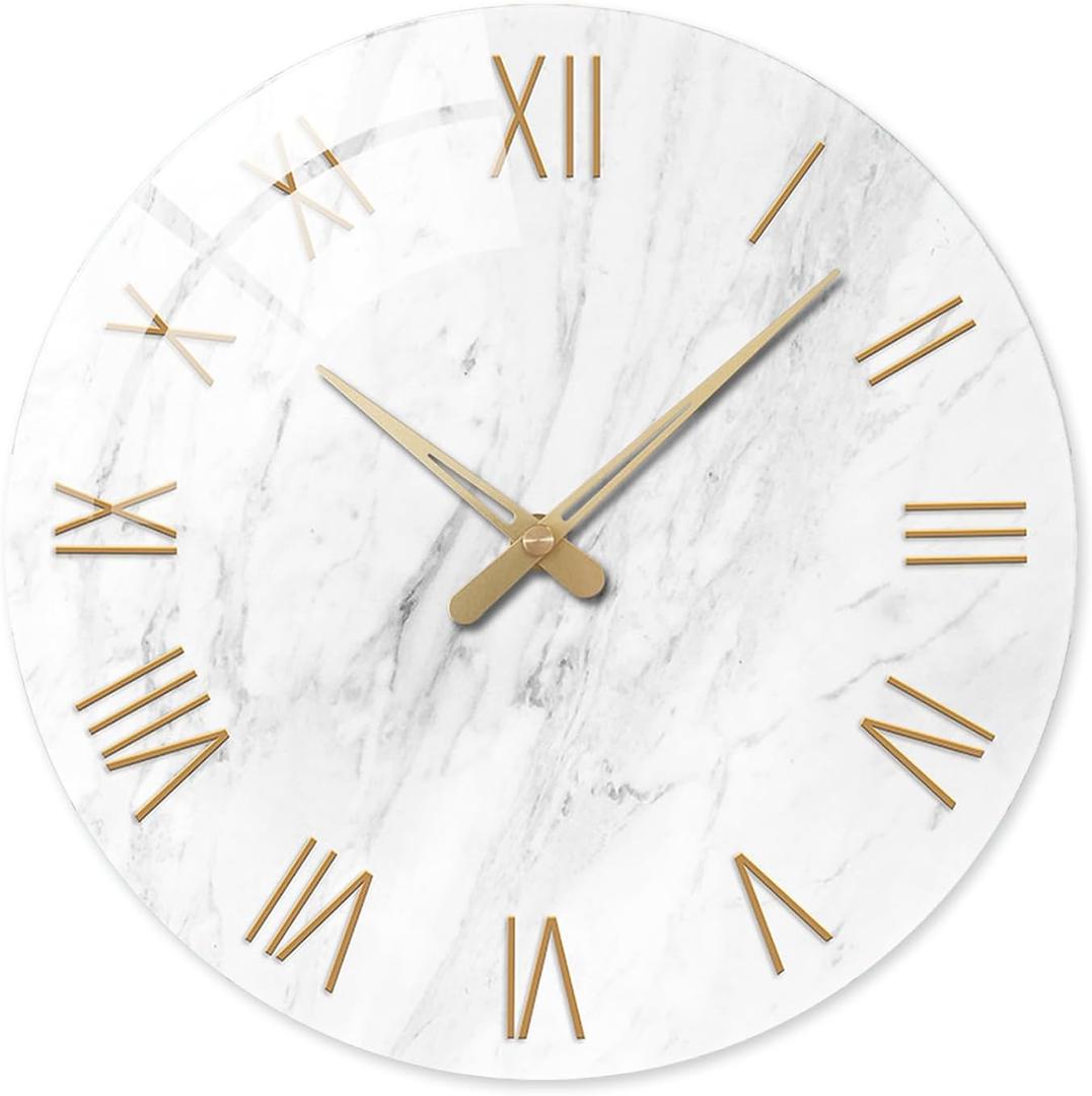 Round Marble Battery Wall Clock Modern 14 Inch White Minimalist Wall Clock for Kitchen Quartz Glass Silent Clock for Wall