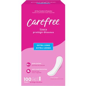 100 x Carefree Panty Liners for Women Extra Long, Unwrapped, Unscented, 100ct