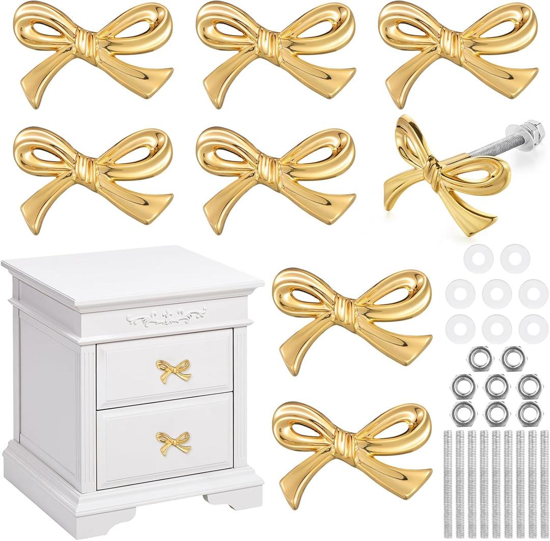 MorningRo Gold Bow Drawer Knobs Brass Bow Knobs for Dresser Decorative Brass Drawer Pulls Vintage Cabinet Handles for Home Bedroom Kitchen Cabinets Hardware Cupboard(Small Size, Gold, 8 Pcs)