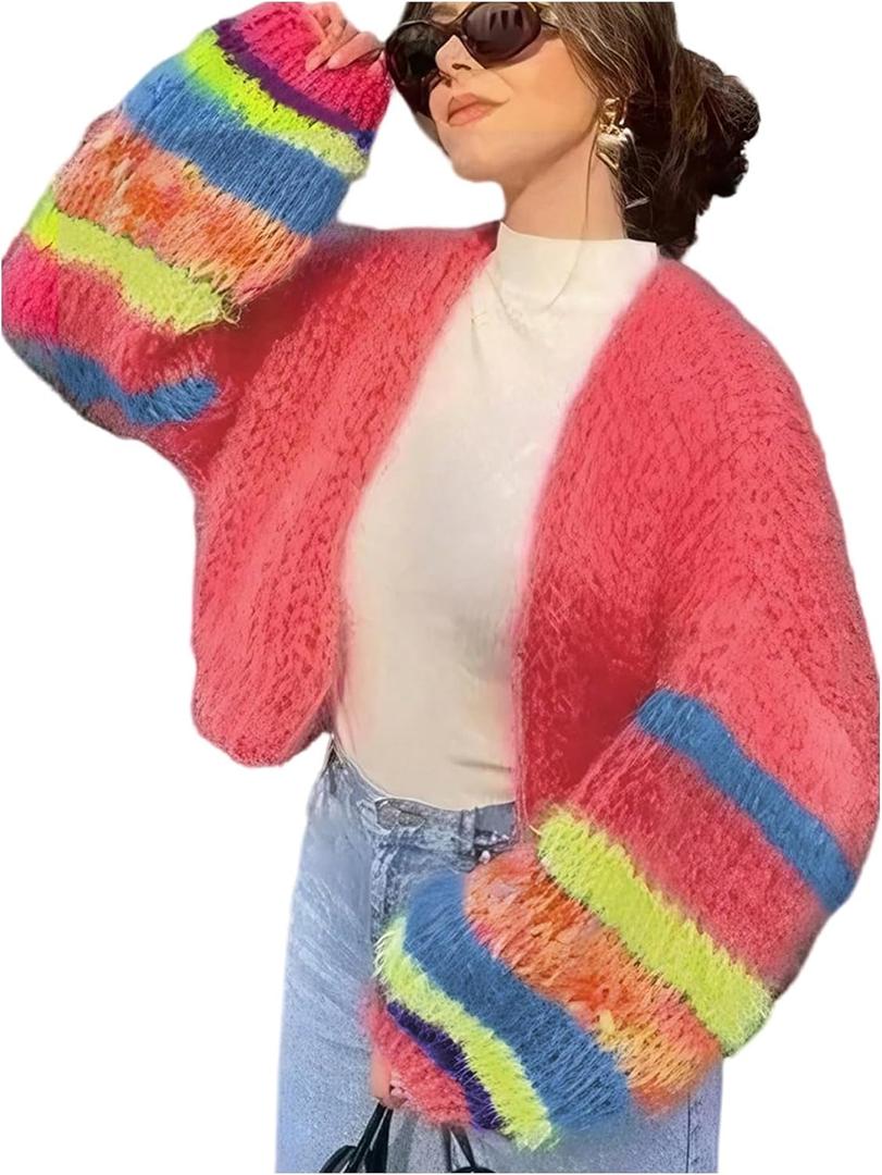 SweatyRocks Women's Chunky Knit Open Front Cardigan Striped Long Sleeve Loose Sweater Outerwear (Red, S)