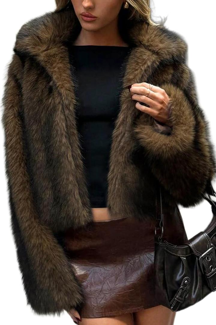 ELLEVEN Women's Two-Tone Faux Fur Coat - Fluffy Winter Jacket with Lapel Collar, Hooks & Pockets (Medium, Black & Brown)